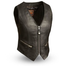 Women&#39;s Montana Soft Milled Cow Leather V- neck Motorcycle Vest by Firstmfg - £103.88 GBP