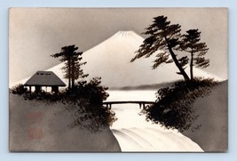 Original Art Mount Fuji Japan Painted Landscape Black Lacquer  DB Postcard E15 - £12.36 GBP