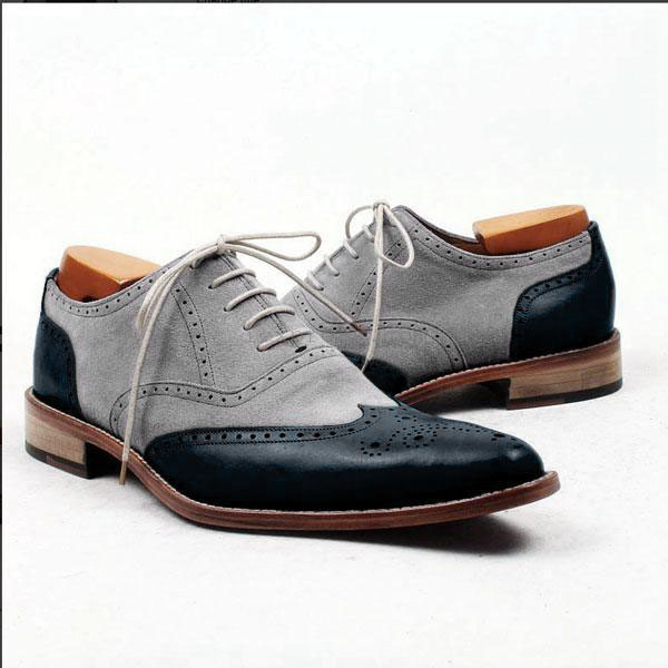 NEW Handmade Men's New 2 Tone wing tip shoes, Men's Gray Black Suede Leather sho