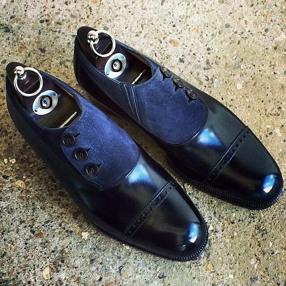 New Handmade Men Navy Blue Black Color shoes, Men Cap Toe Button Leather Suede S