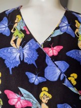 Disney Tinkerbell Butterflies Scrub Top Size M Back Waist Tie Pockets Me... - £10.53 GBP