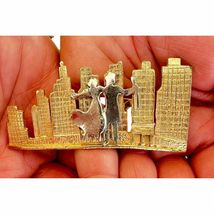 80s Vintage Ultra craft 3D pin brooch Gold Tone Pewter City Scape Dancers  - $22.72