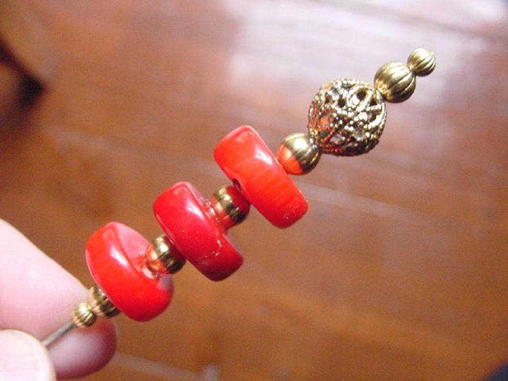 (U-63) Red bamboo coral 3 beaded + filigree bead gold hatpin Pin hat pins - $10.39