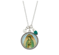 Our Lady of Guadalupe Circle Disc Pendant Necklace with Green Bead Pearl Charms - £11.58 GBP