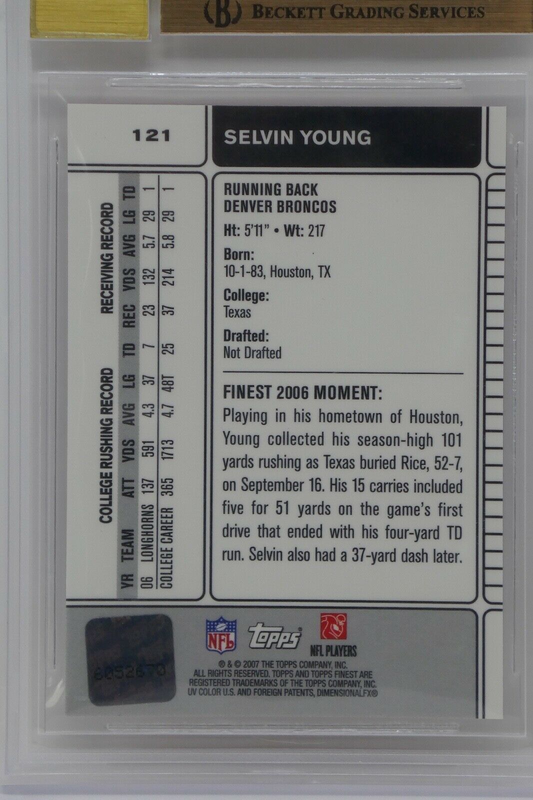 2007 Finest Rookie AU #121 Selvin Young Rookie Beckett 9.5 GEM MINT Item image 7