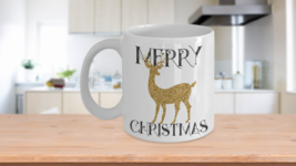 Merry Christmas Reindeer Mug Art Deco Style Xmas Present Coffee Cup Ceramic 11oz - £11.92 GBP