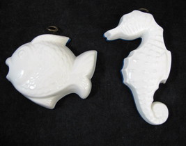 Vintage ABC BASSANO  White Ceramic Seahorse Fish Wall Art Plaque Set of 2 Italy - £14.76 GBP