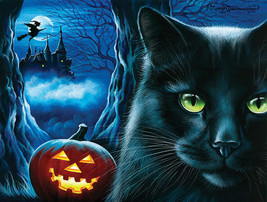 Framed Canvas Art Print Painting Black Cat Witch Castle Jack O Lantern Halloween - $39.59+