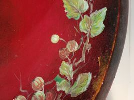 Wood Fruit Bowl Footed Red with Ivy Design VTG image 5