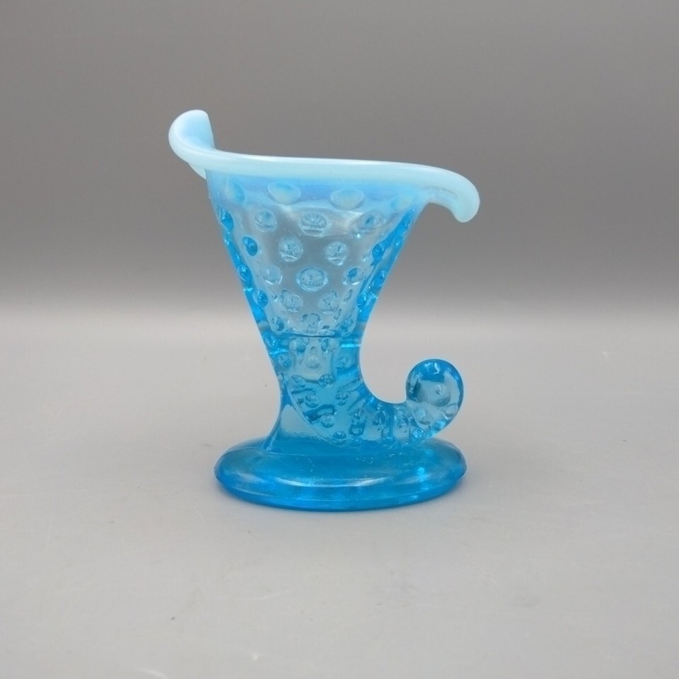 Fenton Blue Opalescent Hobnail Glass Cornucopia Horn of Plenty Vase Cand... - $8.90