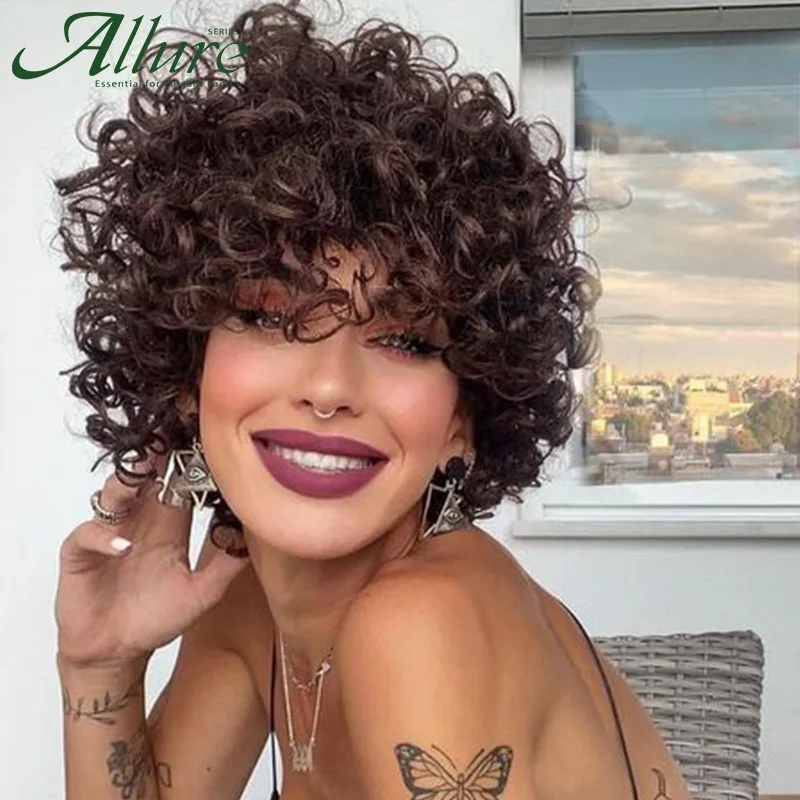 Brown Afro Curly Human Hair Wigs With Bangs Black Women Glueless Wig Natural - £28.37 GBP
