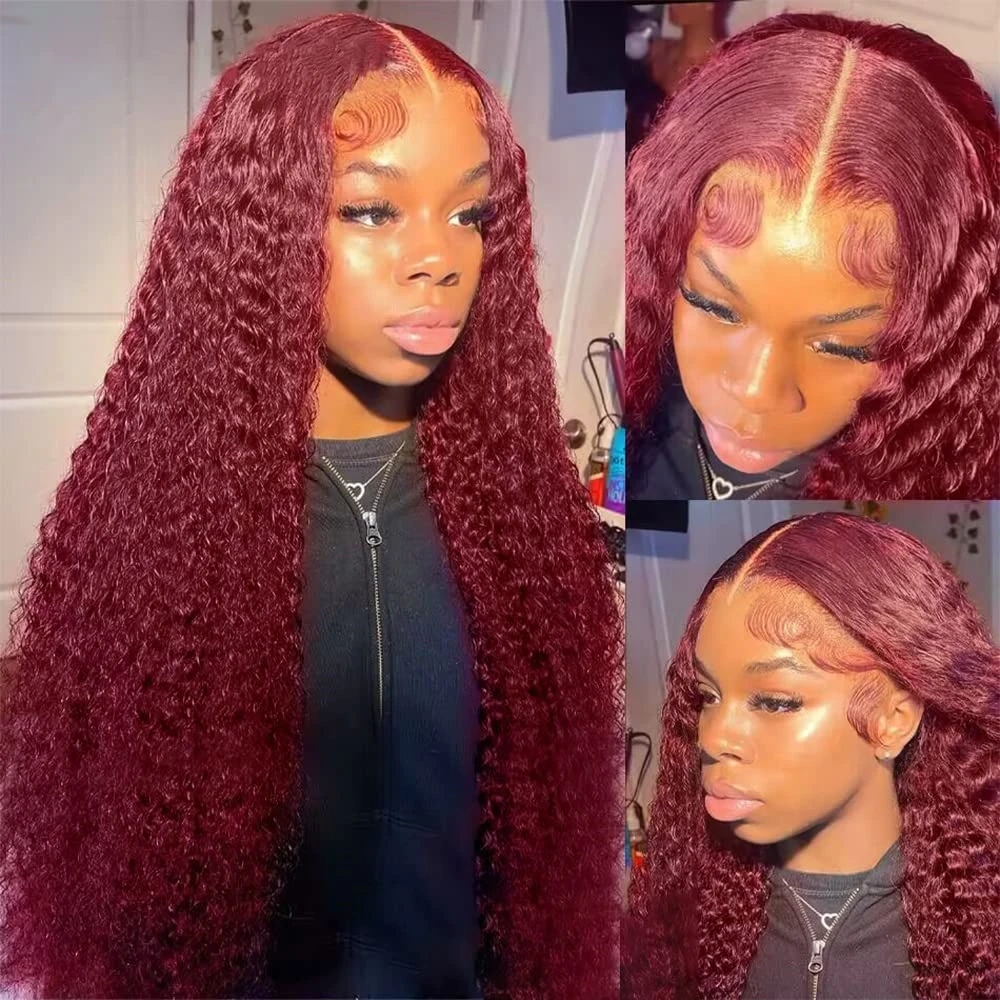 13x6 Deep Curly Lace Frontal Wig Transparent Glueless 99J Burgundy 13x4 Lace - £88.95 GBP+