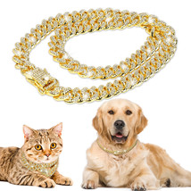 Luxury Dog Pitbull Cat Pet Necklace Cuban Chain Gold Shining Rhinestones Collar - £17.30 GBP
