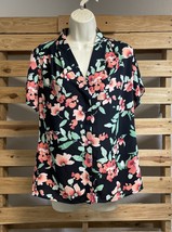 Calvin Klein Black Floral V Neck Short Sleeve Top Size M BBL JD - $14.85