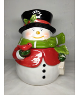 Ceramic Snowman Cookie Jar Cannister 7&quot; Tall Holding Cardinal &amp; Birdhouse - $7.86