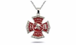 New Firefighter Cross Necklace Maltese Cross Crystal Charm Fireman Wife Mom Gift - £15.48 GBP