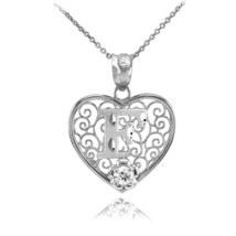 925 Sterling Silver Filigree Heart CZ Initial Letter F Pendant Necklace - £25.21 GBP+