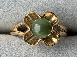 Sterling silver 6.5mm bead jade ring clover design gold plated - $16.50