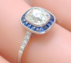 Art Deco .91ct Old Mine Cushion Diamond Solitaire Sapphire Halo Engagement Ring - £5,304.56 GBP