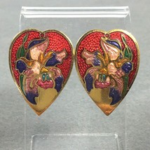 Vintage Red Heart Cloisonné Enamel Pierced Earrings Iris Flower - £12.49 GBP