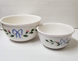 2 Ceramic Nesting Mixing Bowl Blue Bow Country Pink Floral White Set CottageCore - £16.54 GBP