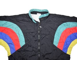 Vintage Sergio Tacchini Windbreaker Jacket Mens L Black Rainbow Stripe Warm Up - £36.23 GBP