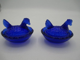 Hen on Nest Salt Dish Pair Retro Depression Style Blue Cobalt Glass - $12.87