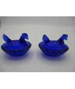 Hen on Nest Salt Dish Pair Retro Depression Style Blue Cobalt Glass - $12.87