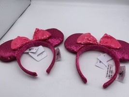 (2) Disney  Minnie Mouse Glitter &amp; Sequin Ear Headband Disneyland Pink Bow Adult - £23.72 GBP