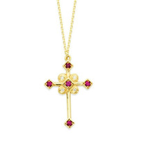 14K Solid Gold Natural Diamond Ruby Cross Pendant Necklace Adjustable 16&quot;-18&quot; - £368.62 GBP