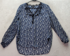 Lucky Brand Blouse Womens Small Navy Floral Sheer V Neck Lace Trim High Low Slit - £16.95 GBP