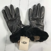 UGG Leather Gloves Womens Medium Black Cashmere Wool Lined Fuzzy Fur Cuffs - £29.69 GBP