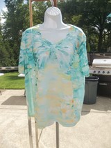 Nwt Alfred Dunner Aqua, Turquoise, Yellow Painted Print T Shirt 1X - £19.97 GBP