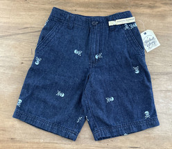 Faded Glory Boys Flat Front Dark Chambray Shorts Pirate Skulls Cotton Size 5 NEW - £14.95 GBP