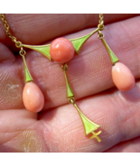Antique Art Deco Coral Guilloche Enamel Necklace Solid 14K Gold 18" inch Chain - $6,455.25