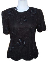 Vintage Stenay Sequin Black Beaded Blouse Scalloped Sleeves Hem Silk Sz M - £23.36 GBP