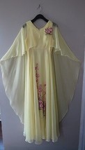 Vintage 1960s MOD Canary Yellow Cape silk(?)chiffon handpainted dress W2... - $232.65