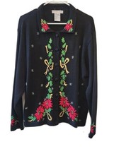 VTG Victoria Jones Sz XL Xmas Cardigan Holiday Sweater Beaded Hand Embroidered - £18.87 GBP