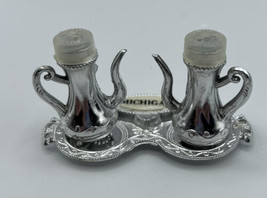 Salt and Pepper Shakers Teapots Tray Michigan Silver Metal Japan 4.5 x 1... - $8.56