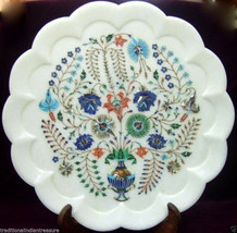 White Marble Serving Round Tray Plate Real Stone Inlay Marquetry Art Tab... - £526.74 GBP