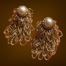 VTG 1980&#39;s Earrings Clip On Gold Beaded Rhinestone 3&quot; Dangle Fashion Jewelry - £39.95 GBP