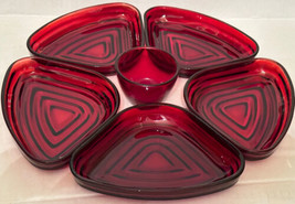 Anchor Hocking Triangle Glass Royal Red Ruby (5) Relish Inserts Seamless - $35.00