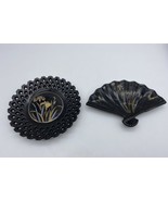 Vintage MCM Japan Fan &amp; Decorative Plate Decor Black Gold Paint - $27.39 CAD
