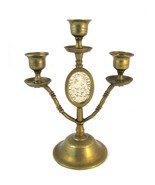 Vintage Brass Candelabra 3 Candle Holder Etched Center Lucite Cut Out  9&quot; - £19.43 GBP