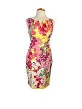 Adrianna Papell Dress 6P Yellow Pink Green Floral Cotton Career Church - £30.92 GBP