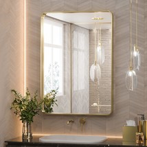 Tetote Gold-Framed Bathroom Vanity Mirror, 22 X 30 Inch, Brushed Brass - £91.51 GBP