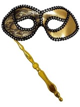 Gold With Black Opera Stick Lace Mask Masquerade Party Mardi Gras Halloween - £6.23 GBP