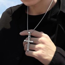 Men&#39;s Silver Cross Pendant Necklace Religious Christian Jewelry Chain 24&quot; Gift - £13.30 GBP