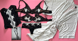 Victoria&#39;s Secret 36D Bra Set+M Sling+Corset+Robe Black White Silver Seduction - £315.60 GBP