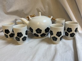 7pc Japanese Tea Set White Porcelain Black Geometric Flower Rattan Handle - $26.96